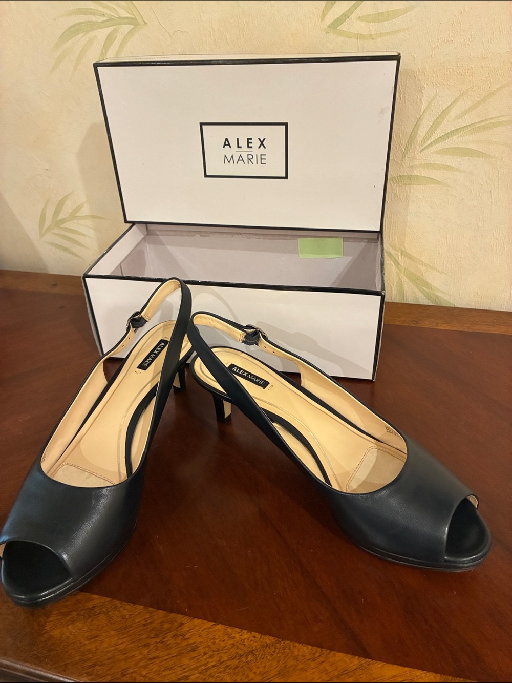 Alex Marie Black Peep-Toe Slingback Heels with Low Kitten Heel